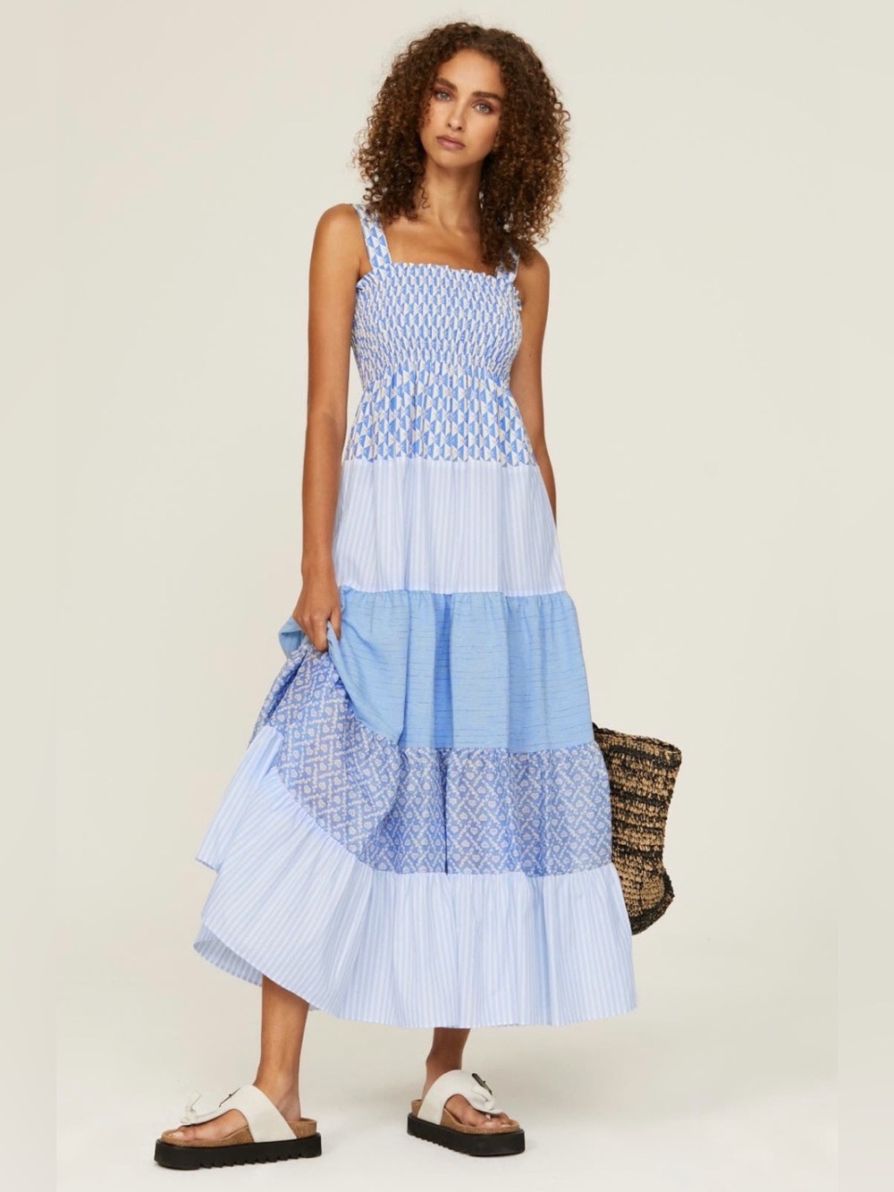 Sandro~Blue Patchwork Tropea Tiered Maxi Dress~Size 36 (US 2-4)~$490~